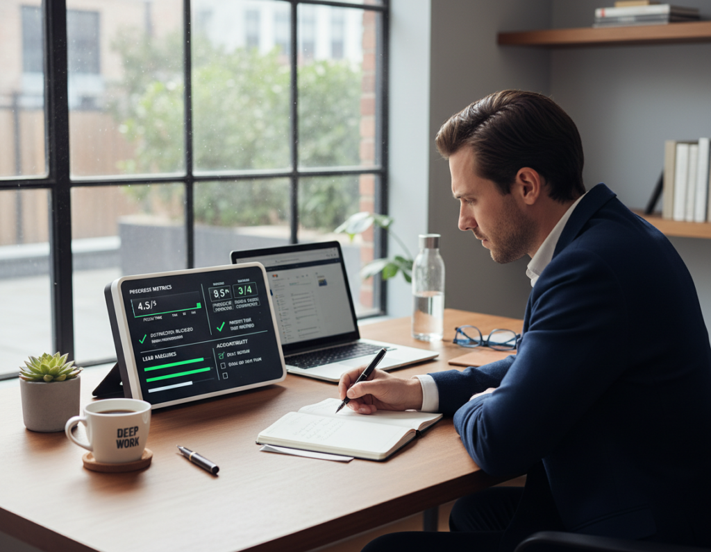 A deep work hours scoreboard prominently displayed on a sleek modern desk, surrounded by high-quality office supplies. The scoreboard features neatly organized sections showing progress metrics, lead measures, and accountability checkboxes, all designed with an intuitive layout. In the foreground, a focused individual in professional business attire is shown actively engaging with the scoreboard, writing notes and analyzing the data, exuding determination and concentration. The middle ground includes inspirational items like a small plant and a cup of coffee, enhancing the productive atmosphere. In the background, soft natural light pours through a large window, illuminating the workspace and creating a serene yet motivating ambiance. The overall mood is one of focus, clarity, and commitment to deep work principles. A deep work hours scoreboard prominently displayed on a sleek modern desk, surrounded by high-quality office supplies. The scoreboard features neatly organized sections showing progress metrics, lead measures, and accountability checkboxes, all designed with an intuitive layout. In the foreground, a focused individual in professional business attire is shown actively engaging with the scoreboard, writing notes and analyzing the data, exuding determination and concentration. The middle ground includes inspirational items like a small plant and a cup of coffee, enhancing the productive atmosphere. In the background, soft natural light pours through a large window, illuminating the workspace and creating a serene yet motivating ambiance. The overall mood is one of focus, clarity, and commitment to deep work principles.