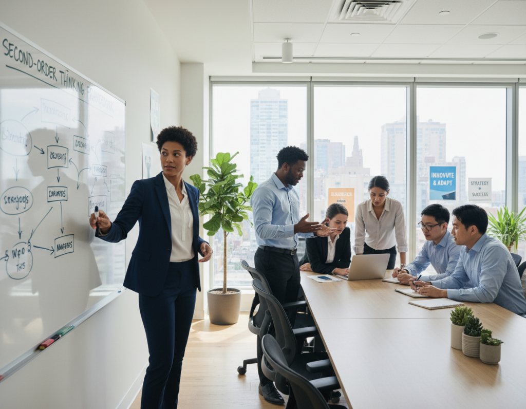 A diverse team of professionals engaged in a lively crisis management meeting in a bright, modern office. In the foreground, a confident team leader, dressed in business attire, stands at a whiteboard filled with strategic notes and diagrams. To the right, two colleagues are brainstorming ideas, one gesturing animatedly while the other takes notes. In the middle ground, a small group huddles around a laptop, analyzing real-time data. Large windows in the background allow natural light to flood the space, creating an optimistic atmosphere. The room is equipped with plants and motivational posters, enhancing the collaborative mood. The composition captures a dynamic sense of teamwork and determination, showcasing the importance of second-order thinking in effective crisis management.
