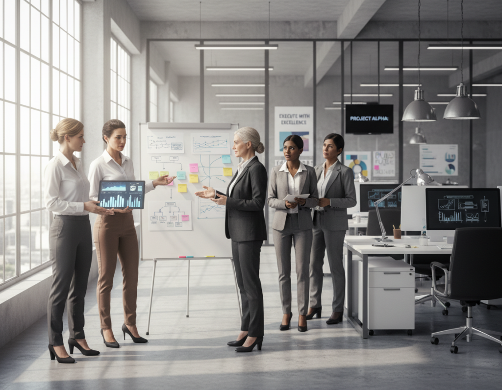 A dynamic office environment showcasing a diverse group of experienced project managers in professional business attire. In the foreground, a confident woman leads a team, pointing at a digital tablet displaying charts and project timelines. The middle ground features engaged team members discussing a whiteboard filled with organized tasks and flowcharts, symbolizing clarity and structure. Soft, natural lighting filters through large windows, casting gentle shadows and creating an inspiring atmosphere. In the background, sleek technology and motivational posters emphasize a modern workspace dedicated to execution. Capture the mood of collaboration, focus, and determination, illustrating the essence of effective project execution in a vibrant and organized setting. A dynamic office environment showcasing a diverse group of experienced project managers in professional business attire. In the foreground, a confident woman leads a team, pointing at a digital tablet displaying charts and project timelines. The middle ground features engaged team members discussing a whiteboard filled with organized tasks and flowcharts, symbolizing clarity and structure. Soft, natural lighting filters through large windows, casting gentle shadows and creating an inspiring atmosphere. In the background, sleek technology and motivational posters emphasize a modern workspace dedicated to execution. Capture the mood of collaboration, focus, and determination, illustrating the essence of effective project execution in a vibrant and organized setting.