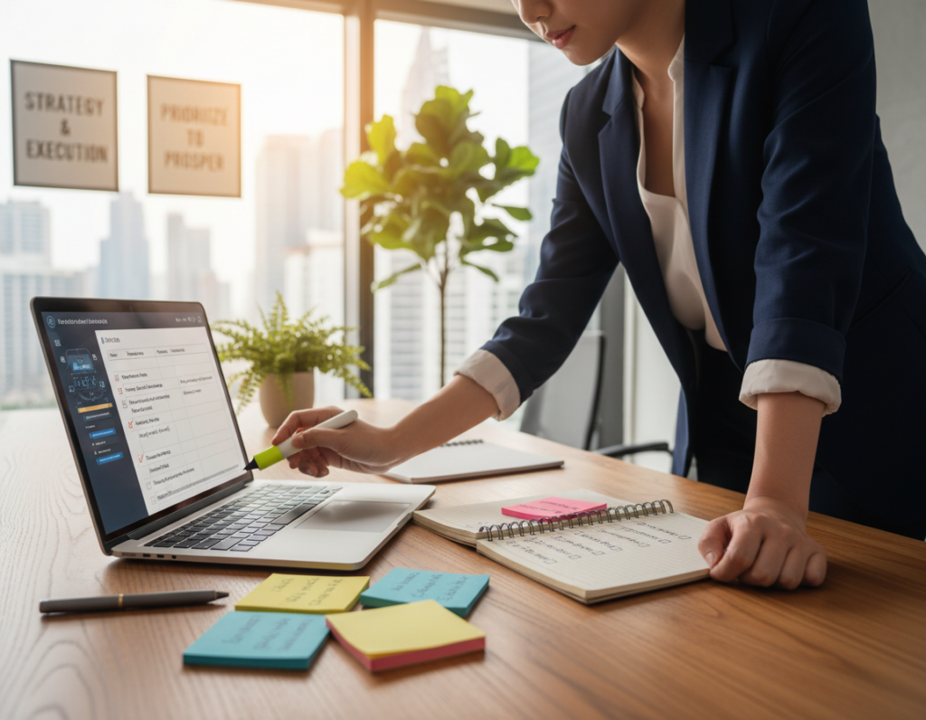A focused workspace illustrating a daily tasks workflow. In the foreground, a beautifully organized wooden desk features a laptop open to a digital task management application, accompanied by colorful sticky notes listing tasks and priorities. A sleek, modern pen rests beside a notepad filled with handwritten notes. In the middle ground, a professional dressed individual, in business attire, is intently reviewing their tasks, highlighting key points, and checking off completed items. The background showcases a bright office environment with natural light streaming in through large windows, plants adding a touch of greenery, and motivational quotes framed on the walls. The mood is productive and inspiring, capturing the essence of strategic prioritization in a high-demand role. The image is taken with a shallow depth of field to emphasize the task-focused elements.