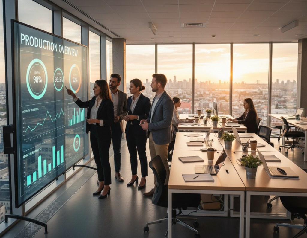 A modern office environment showcasing production visibility in action. In the foreground, a diverse group of business professionals in smart attire are gathered around a large interactive digital dashboard displaying key performance indicators (KPIs), graphs, and analytics. The middle layer features sleek desks with laptops, notebooks, and coffee cups, emphasizing a vibrant workplace vibe. In the background, floor-to-ceiling windows reveal a cityscape, bathed in warm natural light, conveying a sense of productivity and ambition. The atmosphere is dynamic and focused, symbolizing execution discipline with a clear visual narrative of measurement and accountability in business outcomes. Use a wide-angle lens to capture the depth of the workspace and highlight the interaction among the team. A modern office environment showcasing production visibility in action. In the foreground, a diverse group of business professionals in smart attire are gathered around a large interactive digital dashboard displaying key performance indicators (KPIs), graphs, and analytics. The middle layer features sleek desks with laptops, notebooks, and coffee cups, emphasizing a vibrant workplace vibe. In the background, floor-to-ceiling windows reveal a cityscape, bathed in warm natural light, conveying a sense of productivity and ambition. The atmosphere is dynamic and focused, symbolizing execution discipline with a clear visual narrative of measurement and accountability in business outcomes. Use a wide-angle lens to capture the depth of the workspace and highlight the interaction among the team.