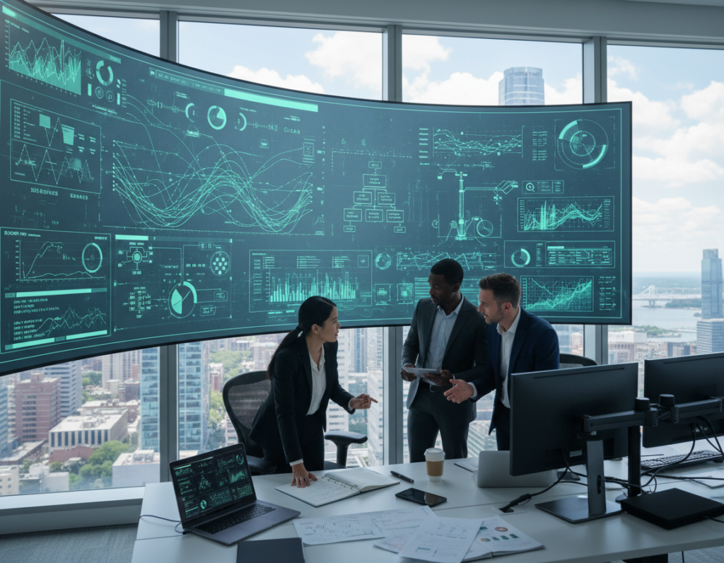 A modern office setting with an open workstation in focus, featuring a large digital screen displaying complex quantitative models and data visualizations like graphs, flowcharts, and numerical simulations, representing system dynamics. In the foreground, a diverse group of three professionals in business attire—two men and one woman—are engaged in discussion, analyzing the data, with one pointing to the screen. The middle ground highlights an array of office tools like laptops, notepads, and data analysis software. The background showcases a large window with natural light flooding in, juxtaposing the busy workspace with a cityscape. The atmosphere conveys collaboration and innovation, with a cool color palette to evoke a sense of professionalism and focus.
