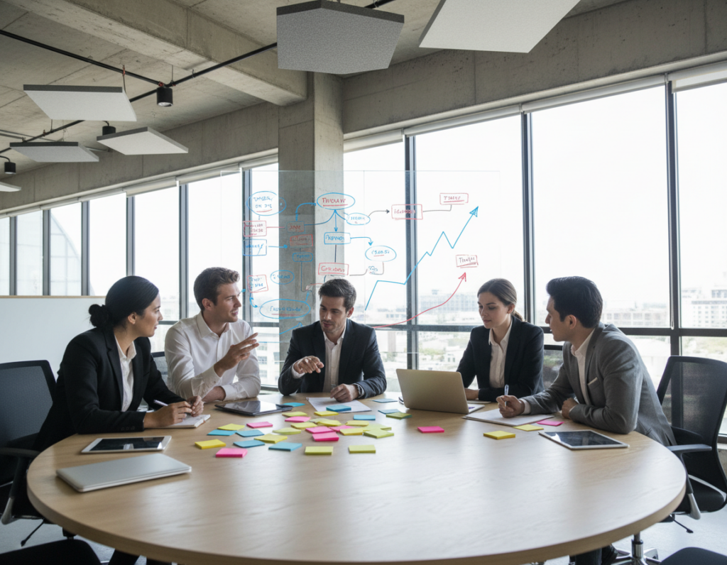 A modern office workspace illustrating a "redesign workflow" concept. In the foreground, a diverse team of professionals in smart business attire collaborates around a large, circular table cluttered with colorful sticky notes and digital devices, symbolizing brainstorming and creative problem-solving. The middle ground features a large transparent whiteboard filled with diagrams, arrows, and flowcharts that depict streamlined processes, visually indicating the removal of barriers. In the background, large windows let in bright natural light, creating a warm, inviting atmosphere. The scene captures a sense of productivity and innovation, with dynamic angles that suggest movement and progress, evoking a mood of optimism and efficiency in a contemporary work environment.