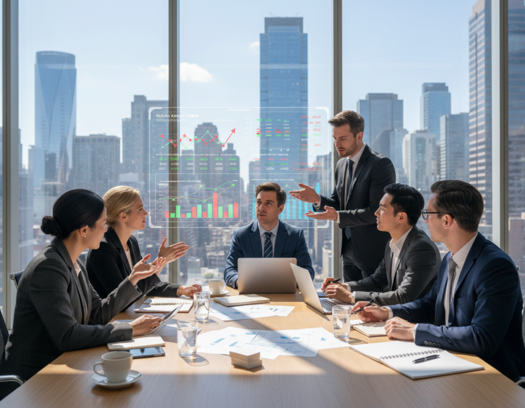 A visionary business meeting scene set in a modern conference room. In the foreground, diverse professionals in business attire are actively discussing strategic plans, surrounded by digital screens displaying graphs and market trends. The middle ground features a large table with documents, laptops, and a glass of water, indicating a dynamic brainstorming session. In the background, large windows reveal a city skyline on a bright day, symbolizing opportunity and aspirations. The lighting is bright and professional, casting soft shadows, while the overall atmosphere is focused and innovative. The camera angle captures the engagement and determination of the group, embodying the essence of establishing a vision and strategic position in the market. A visionary business meeting scene set in a modern conference room. In the foreground, diverse professionals in business attire are actively discussing strategic plans, surrounded by digital screens displaying graphs and market trends. The middle ground features a large table with documents, laptops, and a glass of water, indicating a dynamic brainstorming session. In the background, large windows reveal a city skyline on a bright day, symbolizing opportunity and aspirations. The lighting is bright and professional, casting soft shadows, while the overall atmosphere is focused and innovative. The camera angle captures the engagement and determination of the group, embodying the essence of establishing a vision and strategic position in the market.