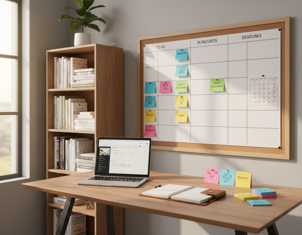 A well-organized and visually appealing workspace featuring a modern desk with a laptop, a planner, and colorful sticky notes in the foreground. In the middle, a wall-mounted board displays a neatly arranged task management system with categorized tasks, deadlines, and a calendar, reflecting a vibrant yet professional atmosphere. The background includes a softly lit bookshelf filled with personal development books and a small indoor plant, creating a calming environment. The scene is illuminated with warm, natural light coming from a nearby window, casting gentle shadows that enhance depth. The mood conveys productivity and focus, encouraging the viewer to envision a streamlined task and time management system in action.