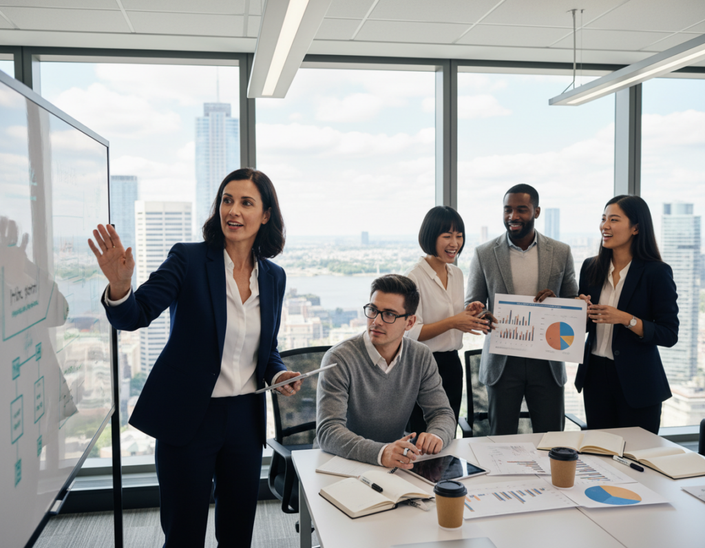 A diverse group of professionals engaged in a vibrant team decision-making session in a modern conference room, showcasing intense collaboration. In the foreground, a middle-aged woman in business attire passionately presents ideas on a digital whiteboard, while a young man in smart casual clothing takes notes on a tablet. In the middle, several team members of different ethnicities discuss animatedly, surrounded by visual aids and charts that depict structured analysis. The background features large windows with natural light flooding the space, highlighting a cityscape. The atmosphere is energizing and focused, reflecting the commitment and determination to reach consensus. Soft overhead lighting emphasizes the lively exchange of ideas, creating an inspiring environment for effective teamwork.