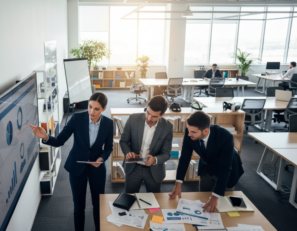 A dynamic scene showcasing expert performers in a modern training environment. In the foreground, a diverse group of three professionals in business attire—two men and one woman—engage in intense practice and skill development. They are positioned around a display of digital screens and notes, demonstrating concentration and collaboration. In the middle ground, various performance tools and resources are visible, hinting at structured pathways for learning. The background features an open workspace filled with light streaming through large windows, emphasizing an atmosphere of innovation and dedication. The overall mood is inspiring and focused, captured with natural lighting and a slightly elevated angle that invites viewers into the vibrant learning space.