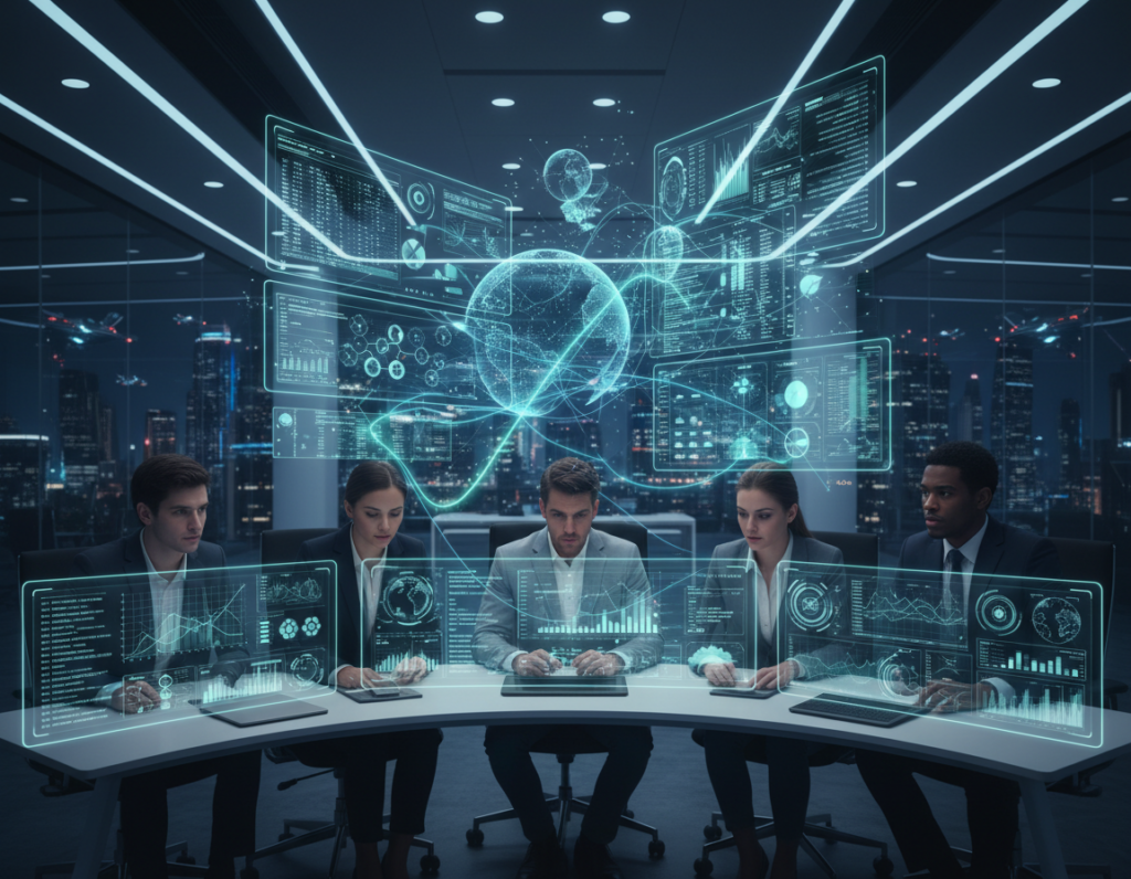 A futuristic digital workspace illustrating "observability for service reliability." In the foreground, a diverse group of professionals in business attire intensely monitor multiple screens displaying complex data visualizations and real-time analytics. The middle ground features holographic graphs and metrics floating above the desks, with glowing connections representing network activity and system health. The background reveals a modern office environment with soft blue and green lighting, emphasizing a high-tech atmosphere. The scene conveys a sense of focus and determination, with ambient light casting subtle shadows to highlight the professionals’ engaged expressions. Capture the mood of innovation and continuous optimization, showcasing the intersection of technology and teamwork in maintaining service reliability.