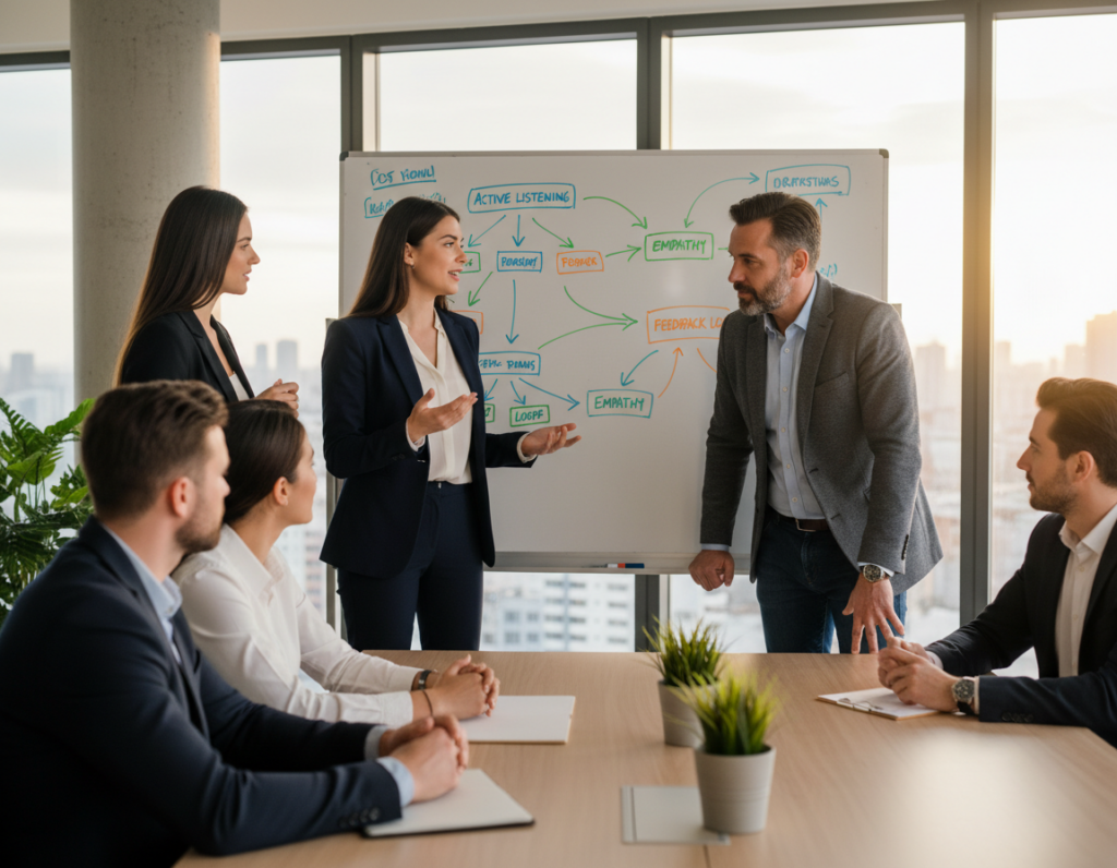 A modern office environment featuring a diverse group of professionals engaged in a collaborative discussion. In the foreground, a young woman in a smart business outfit confidently leads the conversation, gesturing with enthusiasm. To her right, a middle-aged man, dressed in business casual attire, listens attentively, displaying active engagement. The middle ground shows a whiteboard filled with colorful diagrams and notes highlighting teamwork and communication skills. In the background, a large window bathes the room in natural light, casting a warm glow that enhances the atmosphere of openness and collaboration. The overall mood is one of innovation, respect, and professional growth, emphasizing the importance of soft skills in leadership and career advancement.