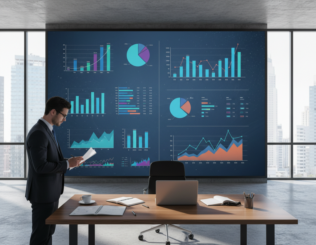 A modern office setting showcasing a large digital screen displaying colorful graphs and charts illustrating metrics tracking. In the foreground, a focused professional in business attire is analyzing a report. The middle ground features a stylish desk cluttered with notebooks, a laptop, and a coffee cup, symbolizing productivity. The background has tall windows with a cityscape view, letting in natural light that creates a bright, optimistic atmosphere. Soft shadows play across the scene, emphasizing a sense of clarity and organization. The image conveys a mood of determination and efficiency, highlighting the importance of measurable outcomes and reporting in performance tracking.