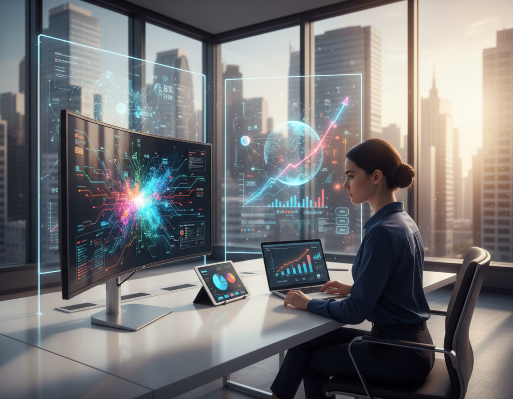 A professional data analyst in a sleek modern office setting, focused on vibrant data visualizations displayed on multiple screens. In the foreground, a young woman in business attire, intently analyzing colorful charts and graphs, with a laptop open beside her. The middle ground features various data charts in 3D format, representing trends and statistics, alongside a digital tablet showcasing interactive dashboards. The background includes large windows with a city skyline, softly lit by natural sunlight, creating a productive and inspiring atmosphere. Use a wide-angle lens for depth, highlighting reflections on the screens. The mood is dynamic and engaging, emphasizing the importance of data in decision-making.