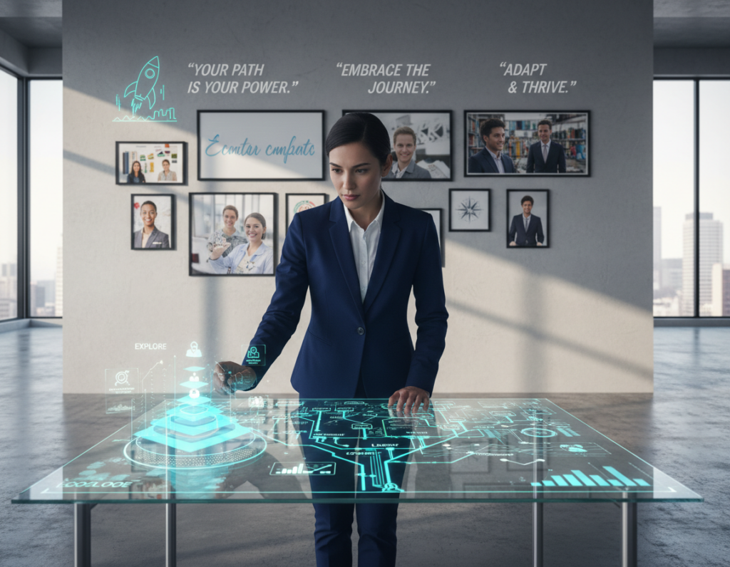 A detailed and vivid representation of career mapping, featuring a professional individual dressed in business attire, analyzing a large, interactive digital map spread across a table. The foreground includes a glowing, 3D holographic chart displaying various career paths and milestones. In the middle ground, a wall adorned with inspirational career-related quotes and images creates an engaging atmosphere. The background features a modern office layout with large windows letting in soft, natural light, casting gentle shadows. The mood is focused and strategic, conveying a sense of determination and clarity in monitoring progress and adapting trajectories. The camera angle is slightly elevated, capturing both the subject's concentration and the intricate details of the map.