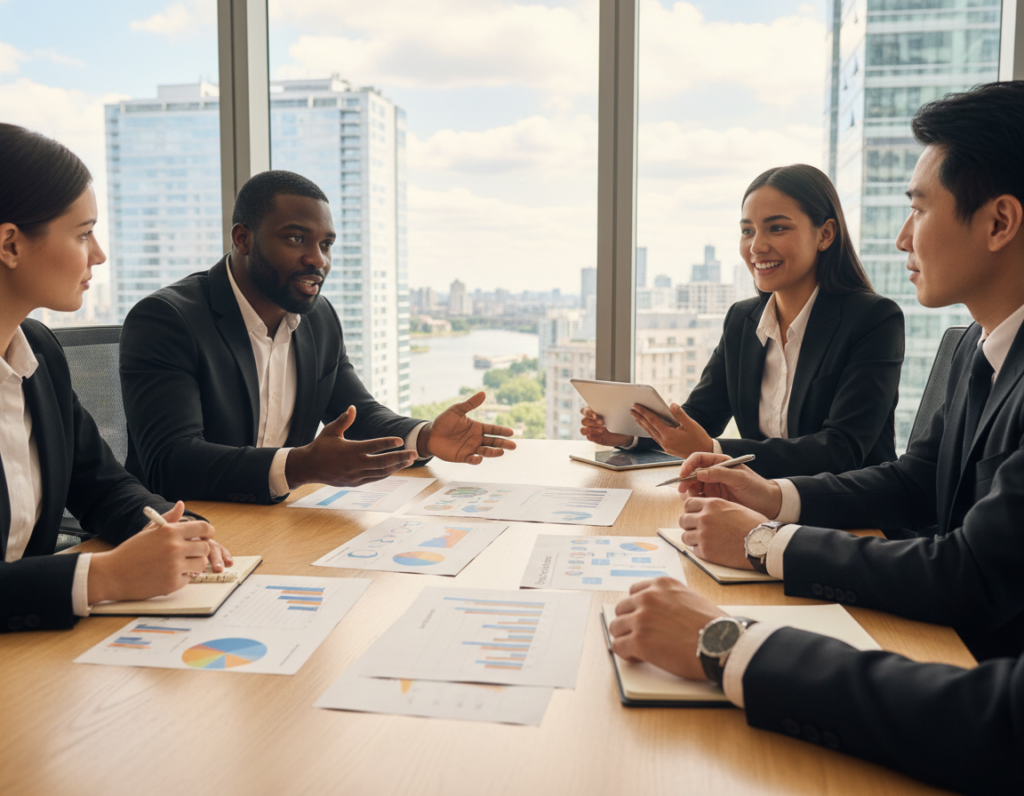 A diverse group of four professionals engaged in a collaborative dialogue around a large conference table, illustrating the concept of navigating trade-offs. The foreground features a close-up of hands gesturing and pointing at various graphs and charts spread across the table, signifying analysis and discussion. In the middle ground, the individuals, dressed in smart business attire, are animatedly sharing ideas, emphasizing their expressions of concentration and enthusiasm. The background shows a large window overlooking a cityscape, with natural light streaming into the room, creating a bright and open atmosphere. The mood is collaborative and focused, with warm tones enhancing the sense of teamwork and decision-making. The angle is slightly elevated, providing a comprehensive view of the scene without overwhelming details.