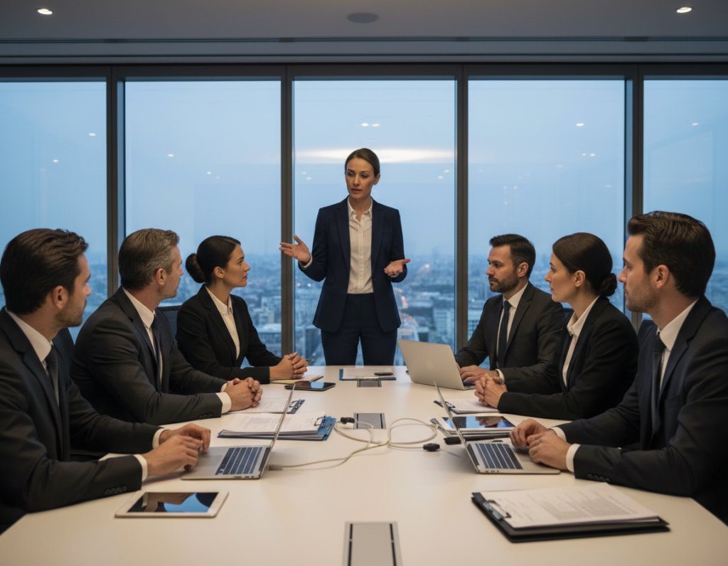 A diverse group of leaders engaged in high-stakes communication in a modern conference room. In the foreground, a confident woman in a tailored navy suit passionately presenting to her colleagues, a mixed-gender group dressed in professional attire, including suits and blouses. The middle ground features a large round table with laptops, documents, and digital devices, emphasizing collaboration. The background showcases a large window revealing a city skyline at dusk, with soft, ambient lighting casting a warm glow across the room. The atmosphere is intense yet focused, capturing the essence of leadership during critical discussions. Shot with a slight low angle to enhance the leaders' authority and presence, highlighting the serious nature of their interaction.