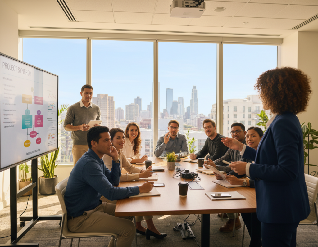 A diverse group of team members engaged in a dynamic training session inside a modern office space. In the foreground, a facilitator, dressed in professional attire, is demonstrating a concept using a digital whiteboard. In the middle ground, attentive team members, also in business casual clothing, are sitting at a conference table, taking notes and participating actively. The background features large windows allowing natural light to flood the room, emphasizing a bright, collaborative atmosphere. The setting is designed with contemporary furniture and tech equipment, conveying an atmosphere of innovation and teamwork. The lighting is warm and inviting, highlighting the focus on learning and cooperation. A subtle lens blur adds depth to the background, ensuring the attention remains on the engaged team members.