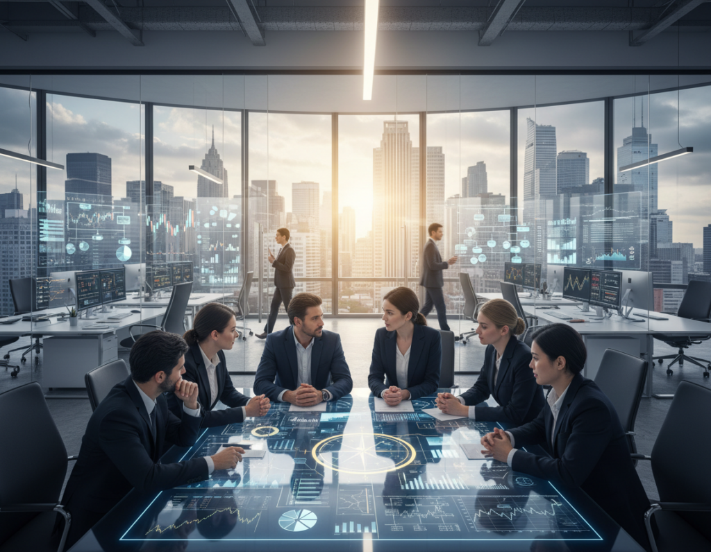 A dynamic business landscape illustrating the concept of strategic positioning. Foreground: a diverse group of professionals in business attire, actively discussing a strategic map laid out on a table, their expressions focused and engaged. Middle ground: an office environment featuring modern workspaces with glass walls, project charts, and digital monitors displaying market trends and organizational structures. Background: a large window showing a city skyline symbolizing a competitive landscape, with clouds gently parting to allow sunlight to filter through. The lighting is bright yet soft, creating an atmosphere of collaboration and determination. The angle is slightly elevated, offering an expansive view that captures both the individuals and the innovative workspace.
