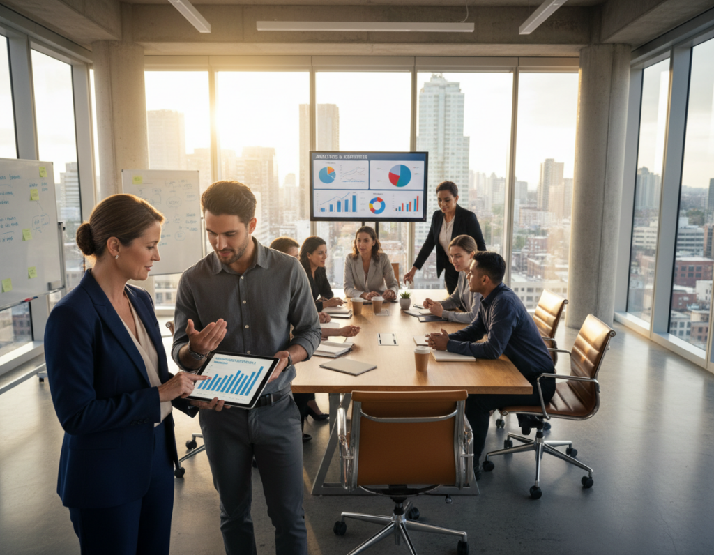 A dynamic office environment showcasing a diverse group of professionals collaborating and sharing specialized skills. In the foreground, a mid-aged woman in formal business attire confidently presents a digital tablet to a young man in smart-casual clothing, illustrating management strategies. In the middle, a diverse team engaged in discussions around a large conference table, with visual aids like graphs and charts displayed, suggesting analytics and expertise. The background features large windows with natural light flooding in, bringing warmth to the space. The atmosphere is focused yet energetic, reflecting ambition and teamwork. Capture this scene from a slightly elevated angle, using a wide lens to emphasize the collaboration and the modern workspace.