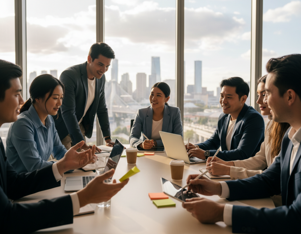 A modern office workspace featuring a diverse group of professionals collaborating around a sleek table filled with laptops, digital tablets, and colorful sticky notes. Foreground: close-up of hands gesturing animatedly, showcasing teamwork. Middle: professionals of various ethnicities, dressed in business attire and modest casual clothing, engaged in discussion and brainstorming. Background: large windows letting in warm, natural light, highlighting a cityscape view that symbolizes connectivity. The atmosphere is energetic yet focused, with a slight blur on the background to emphasize the collaborative efforts in the foreground. The scene conveys a sense of unity and innovation, embodying effective communication and collaboration.