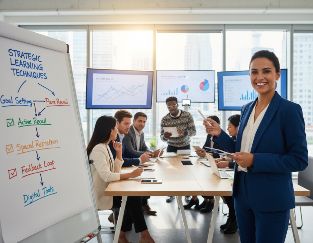 A professional workspace where diverse individuals collaboratively engage in skill development. In the foreground, a confidently smiling woman in business attire stands next to a whiteboard filled with colorful charts and key concepts about strategic learning techniques. In the middle ground, a diverse group of professionals, including a Black man with glasses and an Asian woman, actively participate in a brainstorming session, sharing ideas and technology tools. The background features a modern office setting with large windows allowing natural light to flood the room, casting a warm glow, while digital screens show graphs and educational resources. The overall atmosphere is focused and inspiring, emphasizing teamwork and innovation in personal development. Shot with a shallow depth of field, highlighting the engagement of the group.