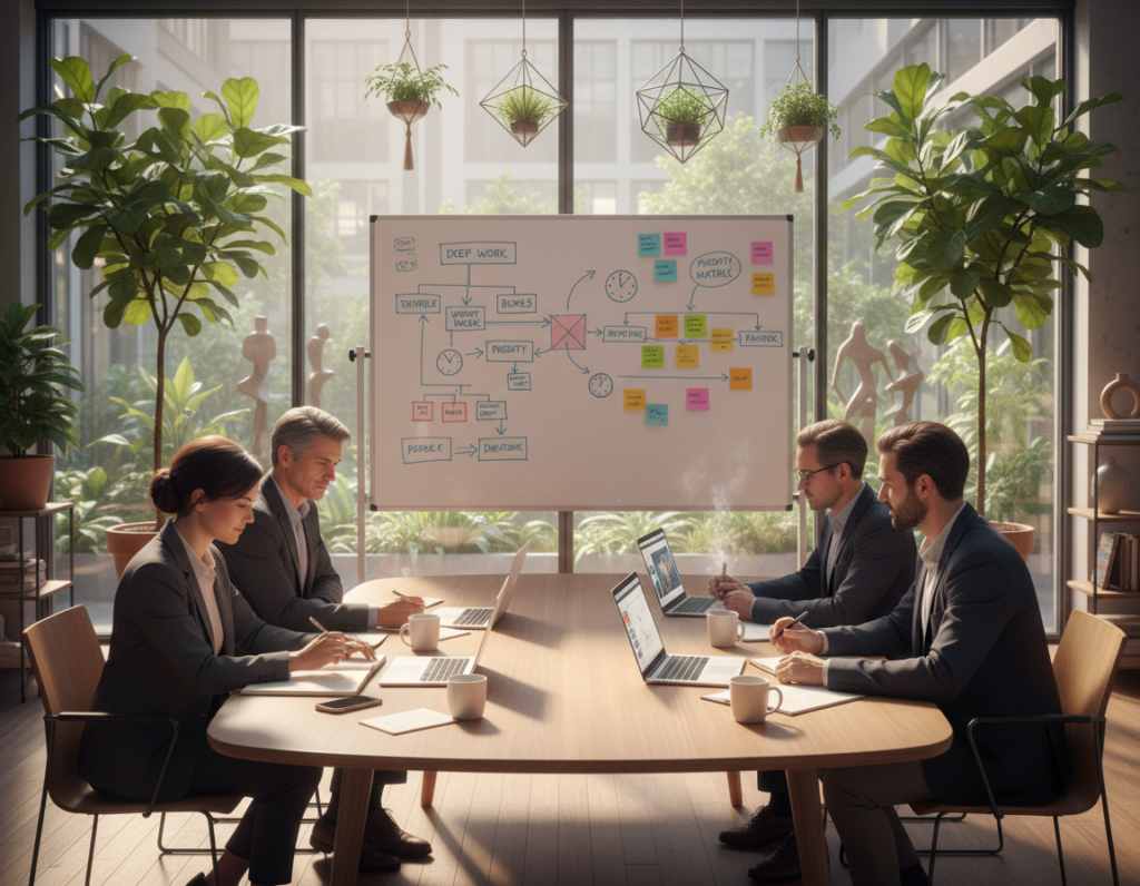A serene and focused workspace capturing the essence of "attention habits." In the foreground, a diverse group of four individuals—two women and two men—are engaged in a brainstorming session, dressed in smart casual attire. Each person is positioned around a sleek conference table cluttered with notebooks, laptops, and coffee mugs. In the middle background, a large whiteboard displays color-coded charts and post-it notes illustrating focus strategies. Natural light streams through floor-to-ceiling windows, illuminating the space and creating soft shadows that enhance the atmosphere of productivity. The backdrop features plants and minimalist decor to evoke a sense of calm and inspiration, supporting a mood of collaboration and concentration ideal for fostering sustainable habits for success.