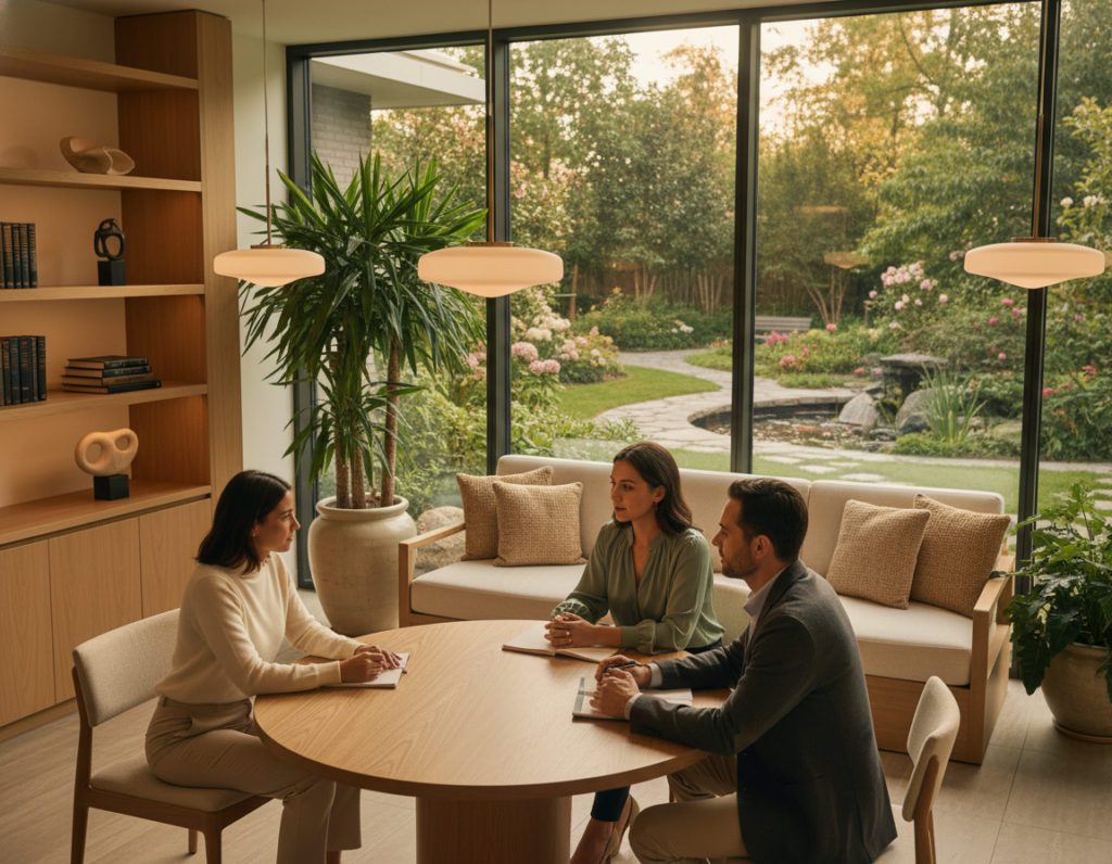 A serene healthcare setting that embodies mindfulness. In the foreground, a diverse group of three professionals dressed in smart casual attire—two women and one man—engaged in a focused discussion around a small, round table. The middle ground features calming elements like plants, soft lighting, and gentle textures that enhance the atmosphere of tranquility. Beyond, large windows reveal a peaceful garden, filled with greenery and soft sunlight filtering through. The overall composition conveys clarity and focus, evoking a sense of calm and professionalism. The lighting is warm, casting a soft glow on the scene, while the angle is slightly above eye level, providing an inclusive and inviting perspective. The mood is reflective and supportive, encouraging cognitive clarity and mindfulness.