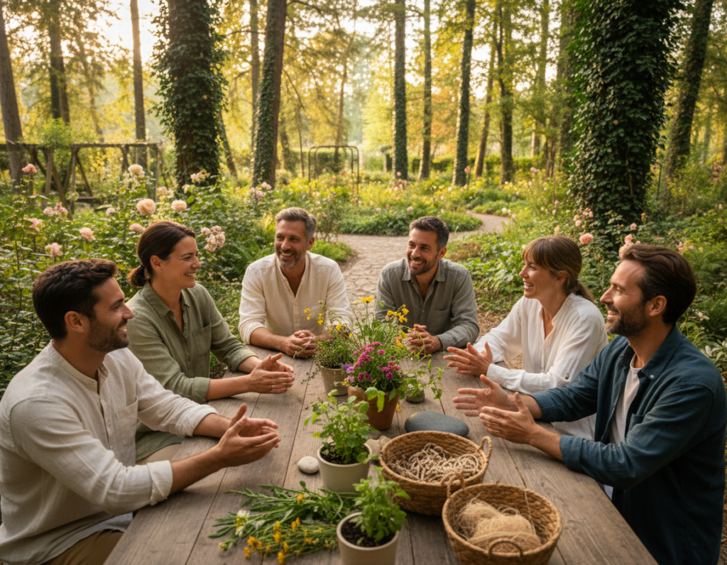 A serene outdoor scene illustrating the concept of cultivating humility and human connection. In the foreground, a diverse group of professionals in modest casual clothing engage in a heartfelt conversation, with warm smiles and open body language, reflecting genuine connection. In the middle ground, a table is set with colorful flowers and earthy materials, signifying collaboration and growth. The background features a lush garden with soft, dappled sunlight filtering through trees, creating a tranquil and inviting atmosphere. The angle is slightly elevated, capturing the warmth of the moment, inviting viewers to feel the essence of humility and connection. The lighting is soft and golden, enhancing the overall sense of warmth and approachability.