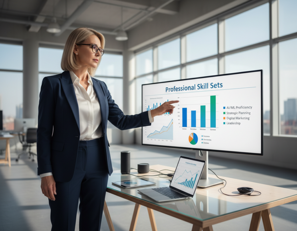 A skilled professional in business attire stands confidently at a modern desk, surrounded by various digital devices and a large screen displaying infographics about market value and skill sets. The foreground features a sleek laptop and a tablet with graphs, symbolizing data analysis and professional growth. In the middle ground, the individual, a middle-aged woman with a thoughtful expression, gestures towards the screen, embodying the act of leveraging her experience. The background showcases a bright, open office space with large windows allowing natural light to flood in, creating an optimistic atmosphere. The mood is one of empowerment and focus, emphasizing the importance of evolving skills in a dynamic work environment. Use a wide-angle lens to capture the scene with a slight depth of field, enhancing the clarity of the subject amidst the buzzing environment.
