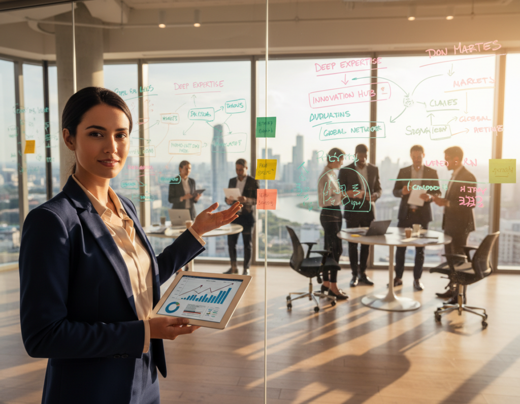 A visually captivating workspace illustrating the concept of "specialized career capital." In the foreground, a confident professional in business attire, holding a tablet displaying data charts, stands beside a large window that offers a panoramic cityscape view. In the middle ground, a whiteboard covered in strategic planning notes and mind maps reflects a collaborative atmosphere. To the background, sunlight streams in, softly illuminating a bustling office environment with diverse professionals engaged in discussions and brainstorming sessions. The overall mood is dynamic and inspiring, symbolizing the ongoing journey of career development and the pursuit of specialized skills. Capture this scene with a warm, natural light using a wide-angle lens for a sense of depth and engagement.