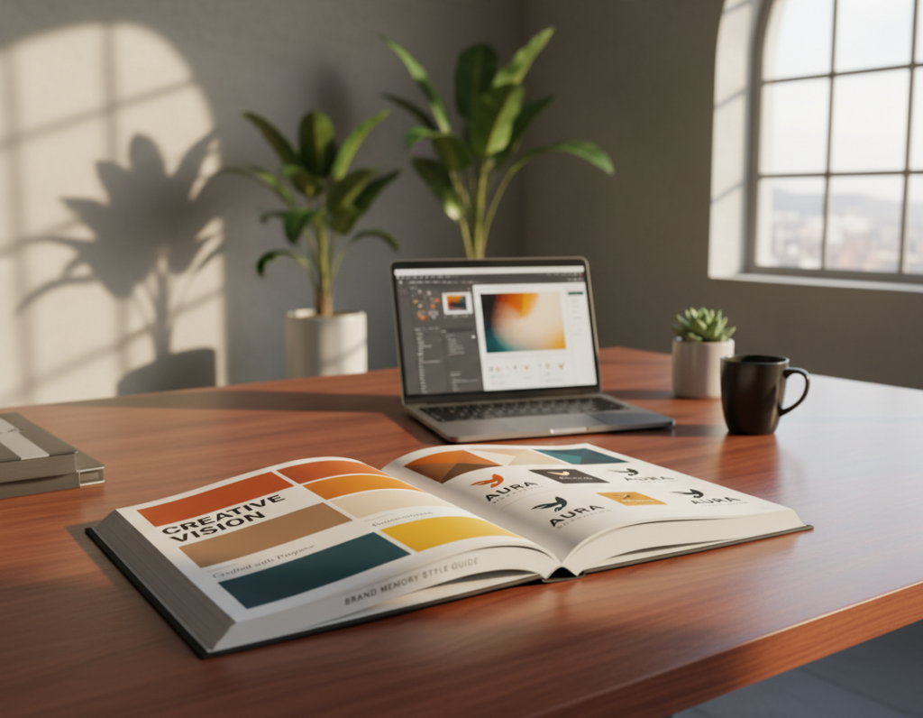 A visually engaging "brand memory style guide" designed as an open book laid on a polished wooden desk. In the foreground, focus on vibrant color palettes, typography samples, and logo variations spread across the open pages, enhancing brand identity. The middle layer displays an elegantly designed corporate workspace with a stylish laptop and a sleek coffee cup, showcasing a professional atmosphere. In the background, soft sunlight filters through large windows, casting gentle shadows, and green plants add a touch of vitality. Use a warm color tone, and maintain a clean, organized layout to reflect professionalism and clarity. Capture this scene from a slightly elevated angle to highlight the items while evoking a sense of calm and focus conducive to high-quality work output.